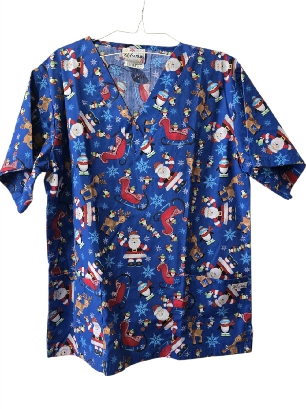 Festive Santa & Sleigh Scrub Top - Blue Christmas Print UA Scrubs Size S*
